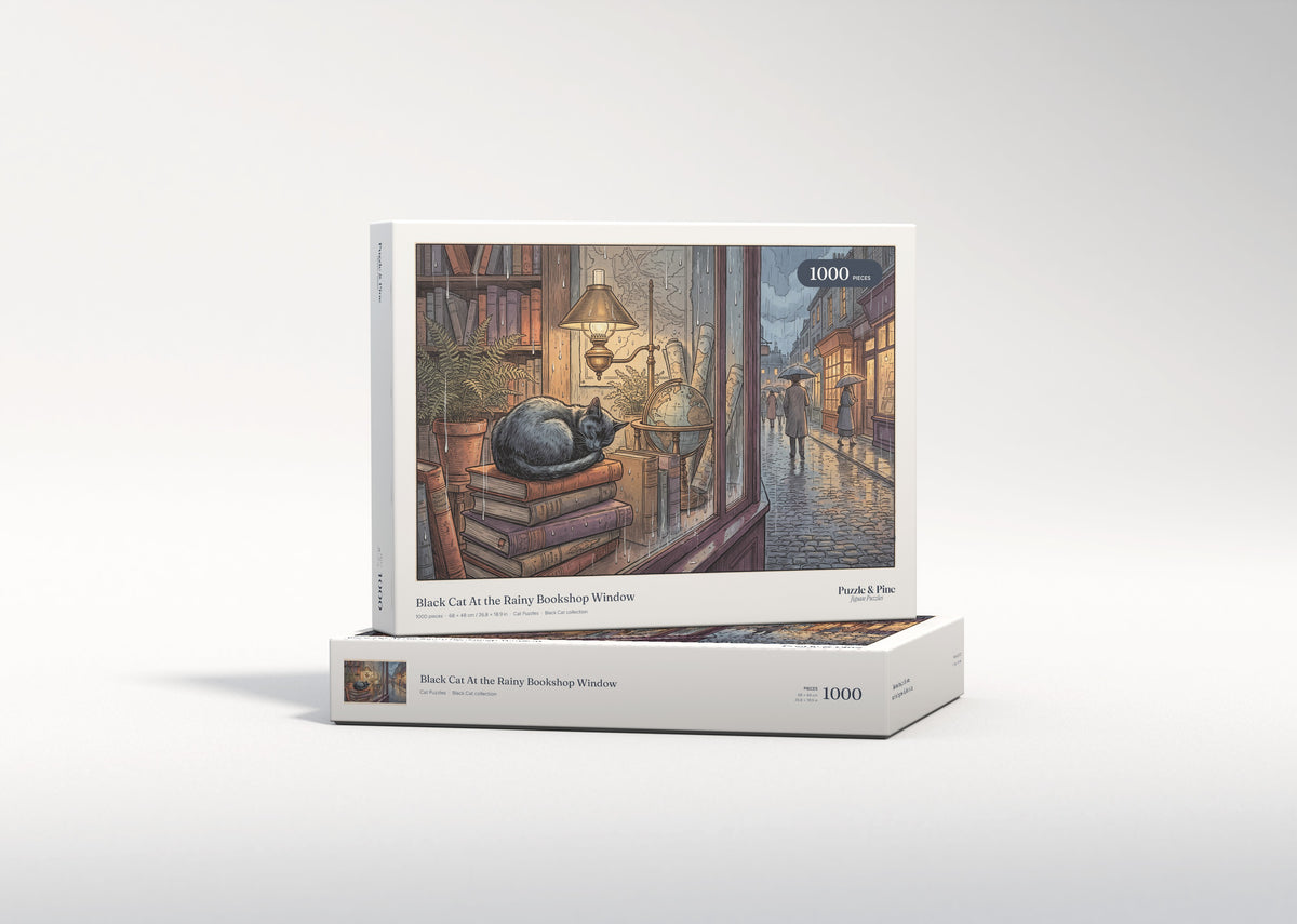 Black Cat At the Rainy Bookshop Window jigsaw puzzle - gift box
