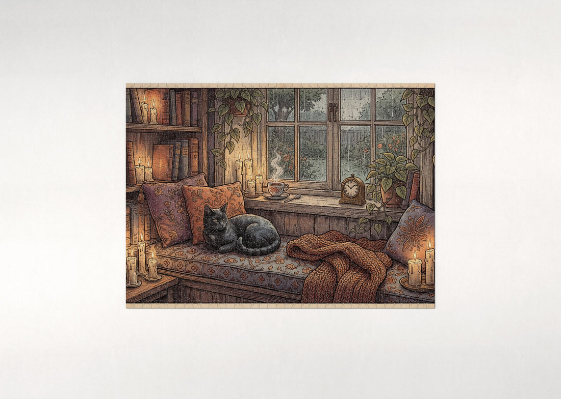 Black Cat By the Candlelit Reading Nook jigsaw puzzle - gift box