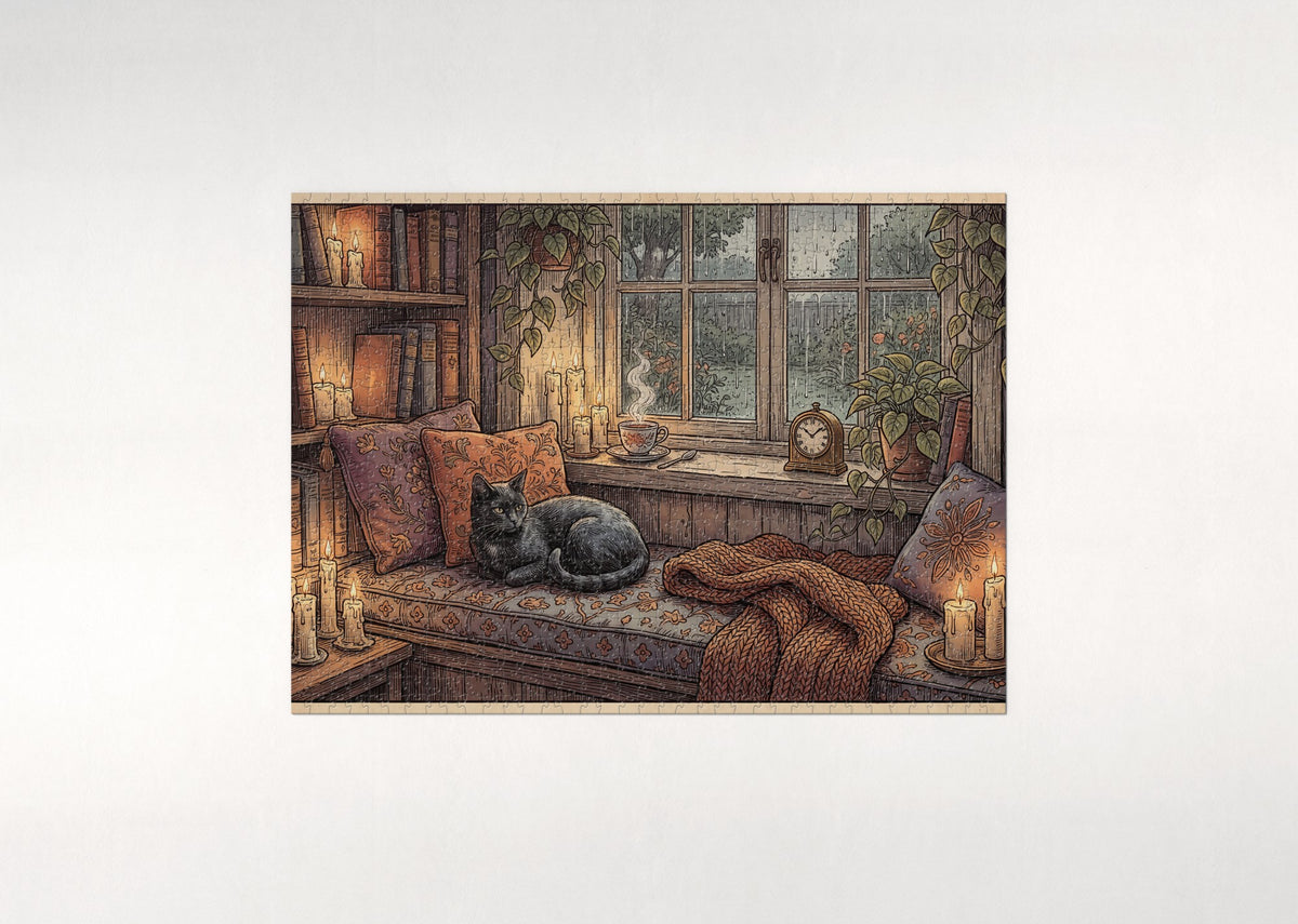 Black Cat By the Candlelit Reading Nook jigsaw puzzle - flat puzzle