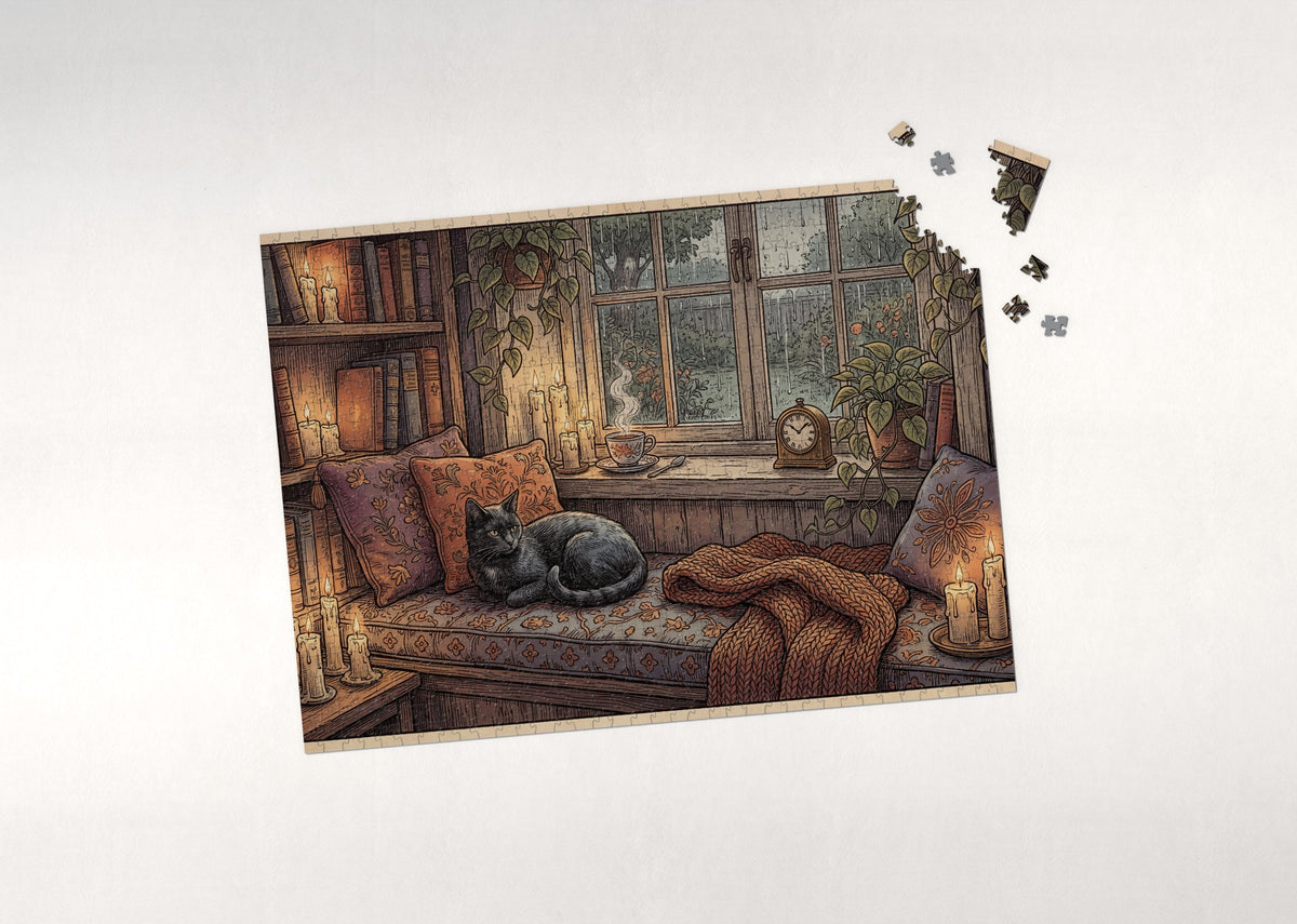 Black Cat By the Candlelit Reading Nook jigsaw puzzle - puzzle with loose pieces