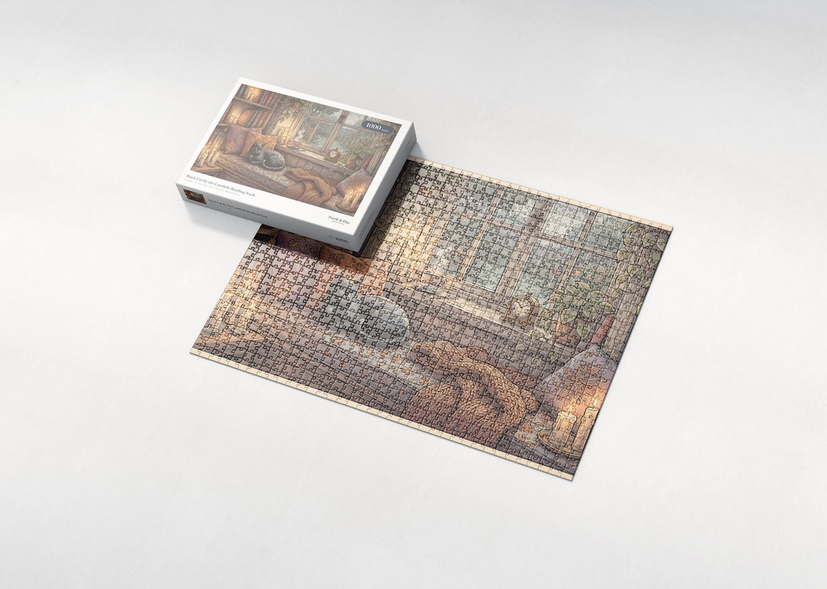 Black Cat By the Candlelit Reading Nook jigsaw puzzle - box and puzzle