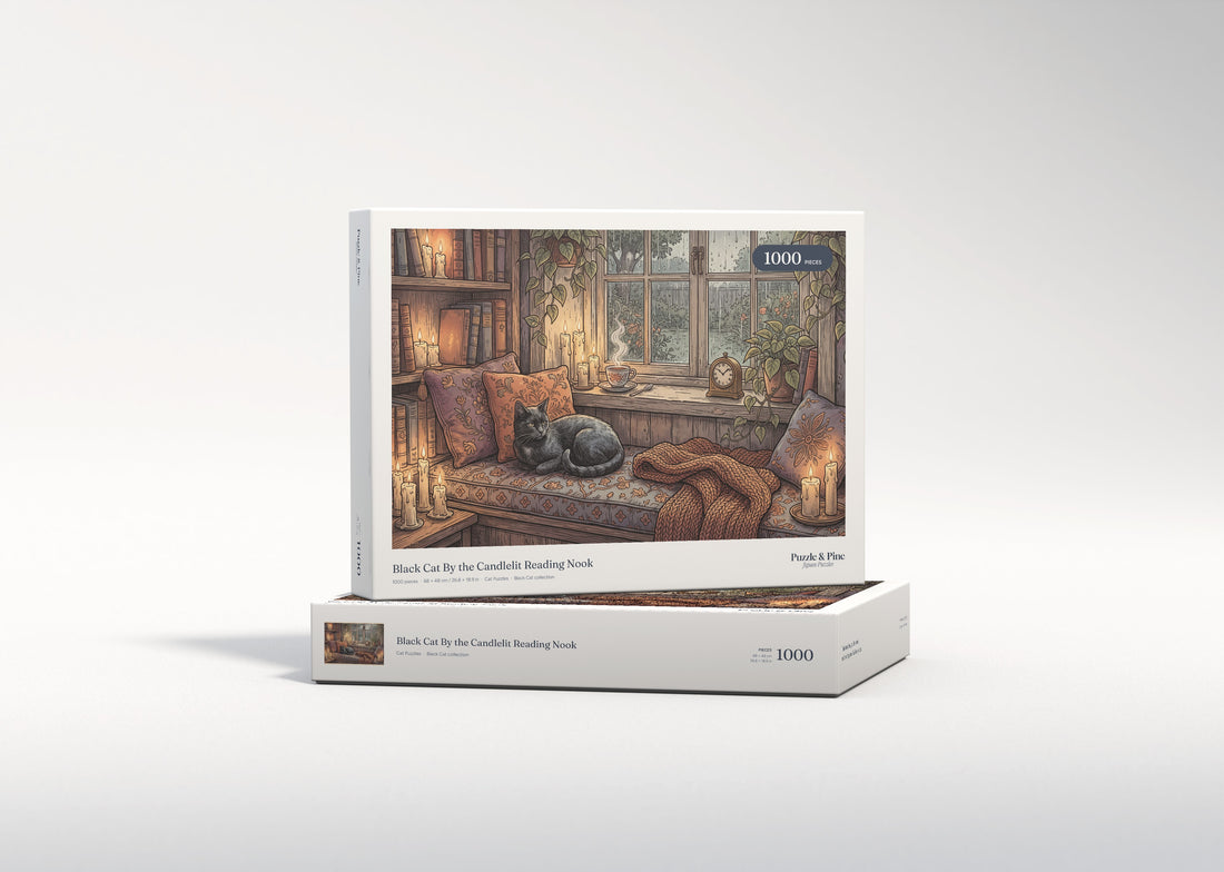 Black Cat By the Candlelit Reading Nook jigsaw puzzle - gift box