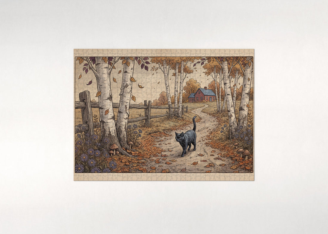 Black Cat In the Autumn Birch Lane jigsaw puzzle - gift box