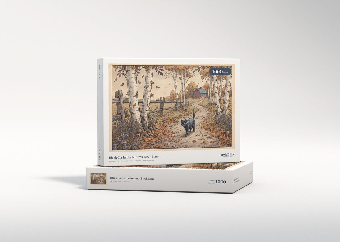 Black Cat In the Autumn Birch Lane jigsaw puzzle - gift box