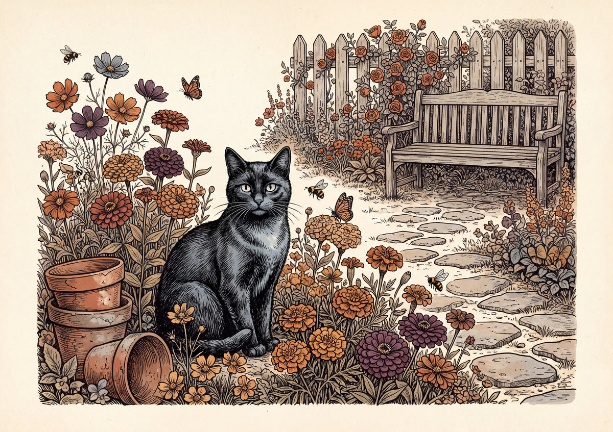 Black Cat In the Marigold Patch jigsaw puzzle