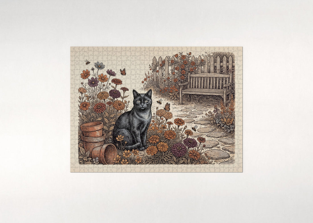 Black Cat In the Marigold Patch jigsaw puzzle - gift box
