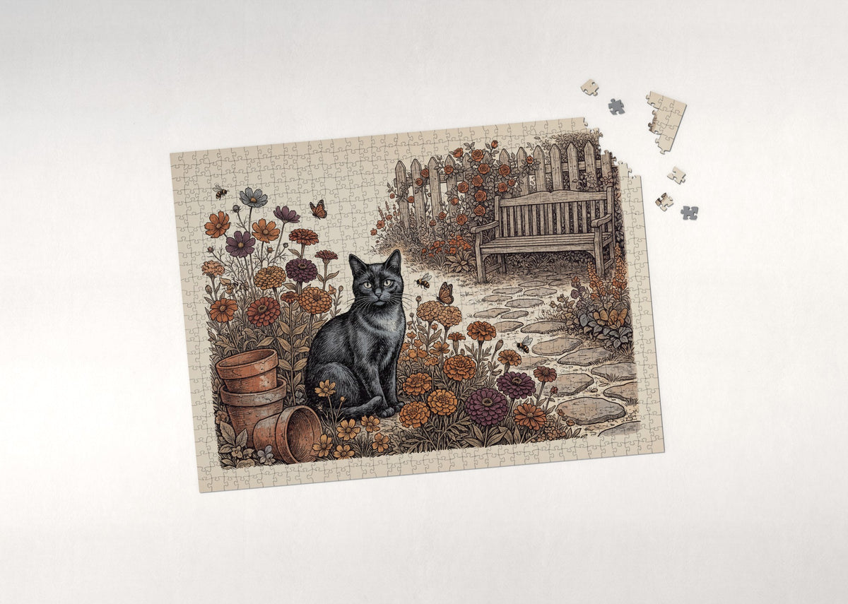 Black Cat In the Marigold Patch jigsaw puzzle - puzzle with loose pieces
