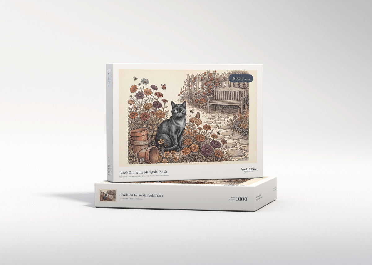 Black Cat In the Marigold Patch jigsaw puzzle - gift box