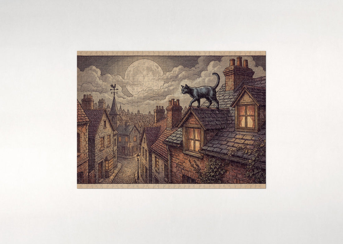 Black Cat On the Moonlit Rooftops jigsaw puzzle - gift box