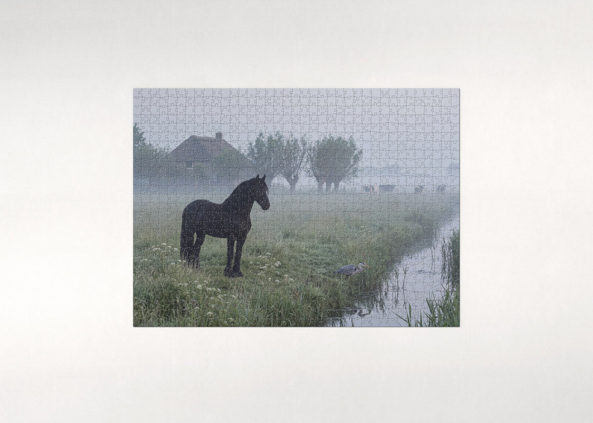 Black Friesian in the Misty Meadow jigsaw puzzle - flat puzzle