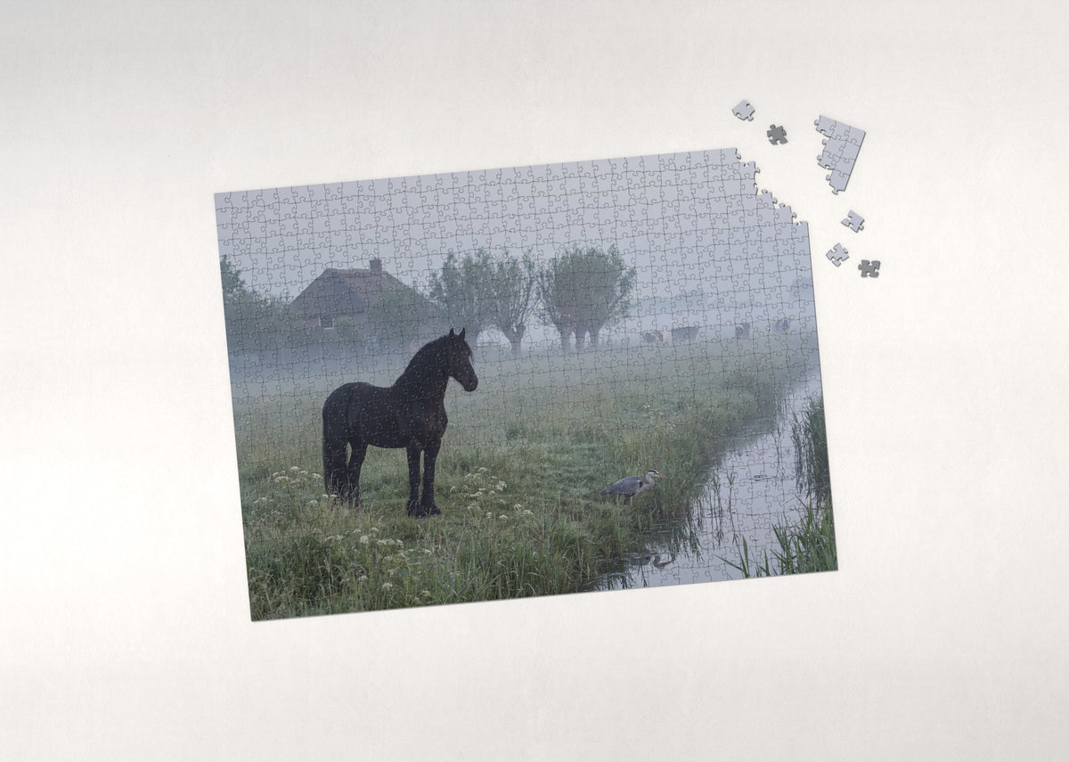 Black Friesian in the Misty Meadow jigsaw puzzle - puzzle with loose pieces