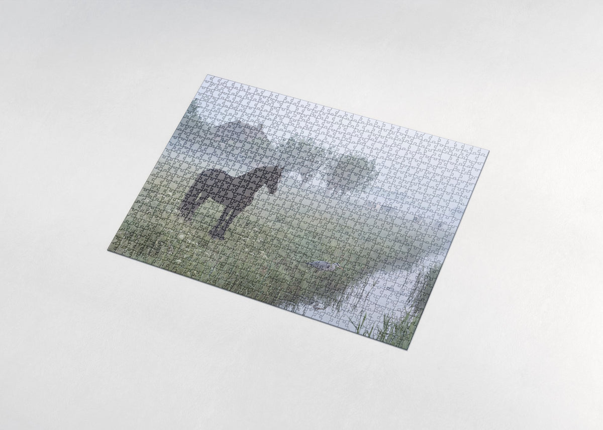 Black Friesian in the Misty Meadow jigsaw puzzle - assembled puzzle