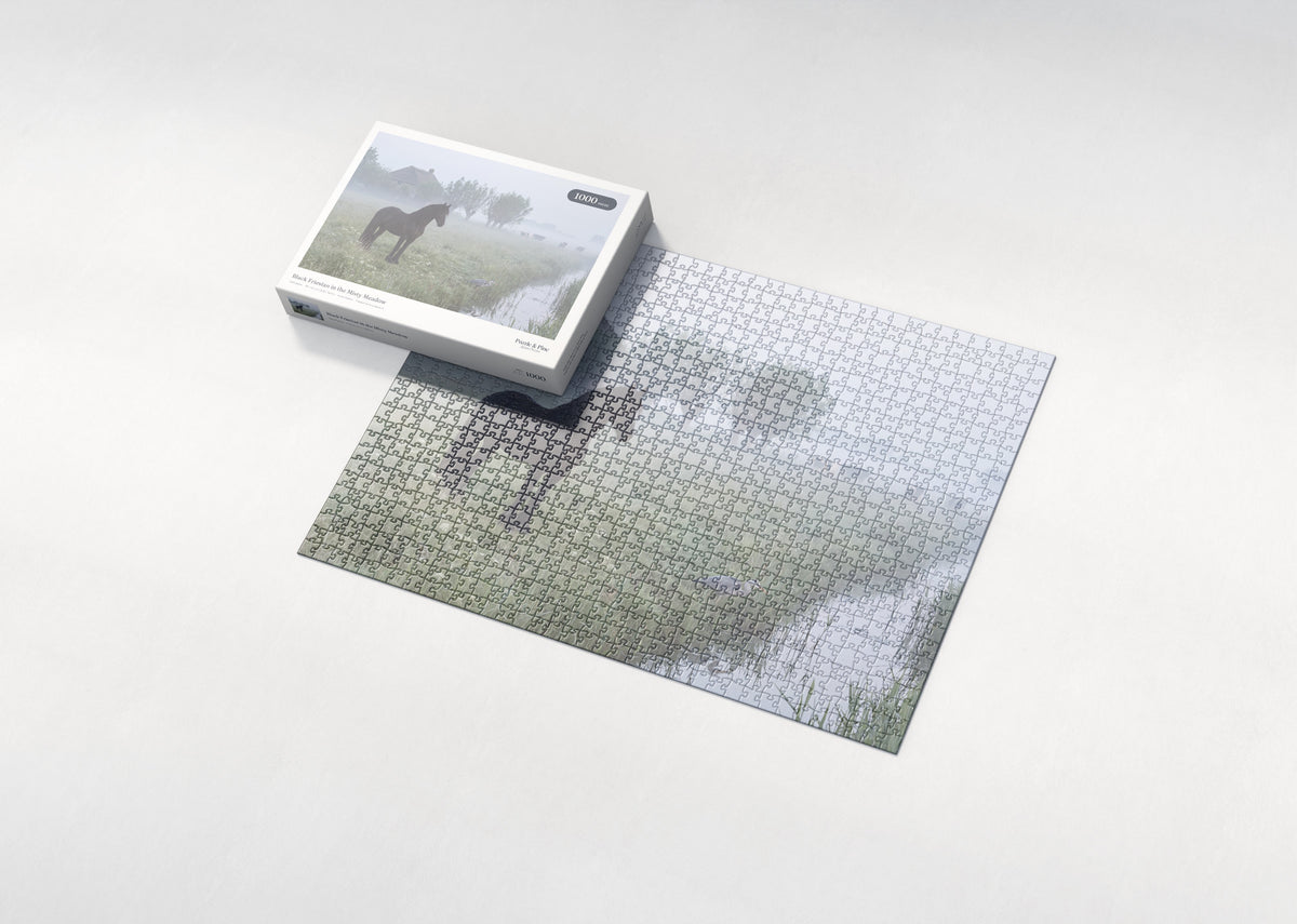 Black Friesian in the Misty Meadow jigsaw puzzle - box and puzzle
