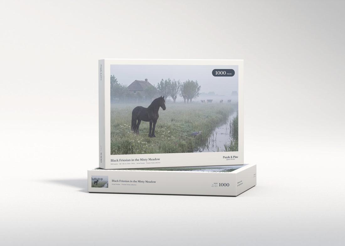 Black Friesian in the Misty Meadow jigsaw puzzle - gift box