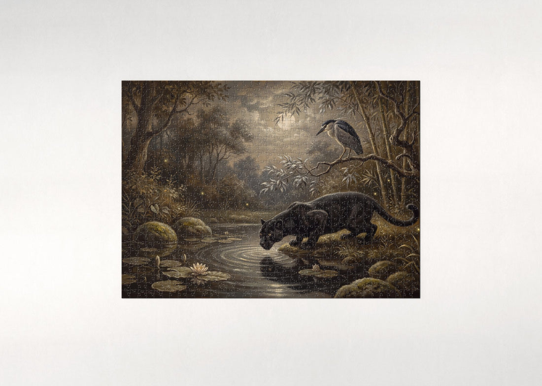 Black Panther at the Moonlit Pool jigsaw puzzle - gift box