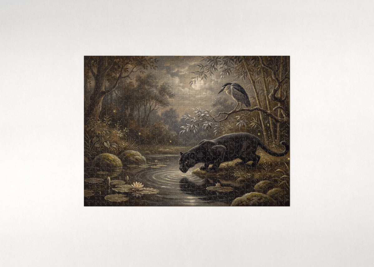 Black Panther at the Moonlit Pool jigsaw puzzle - flat puzzle