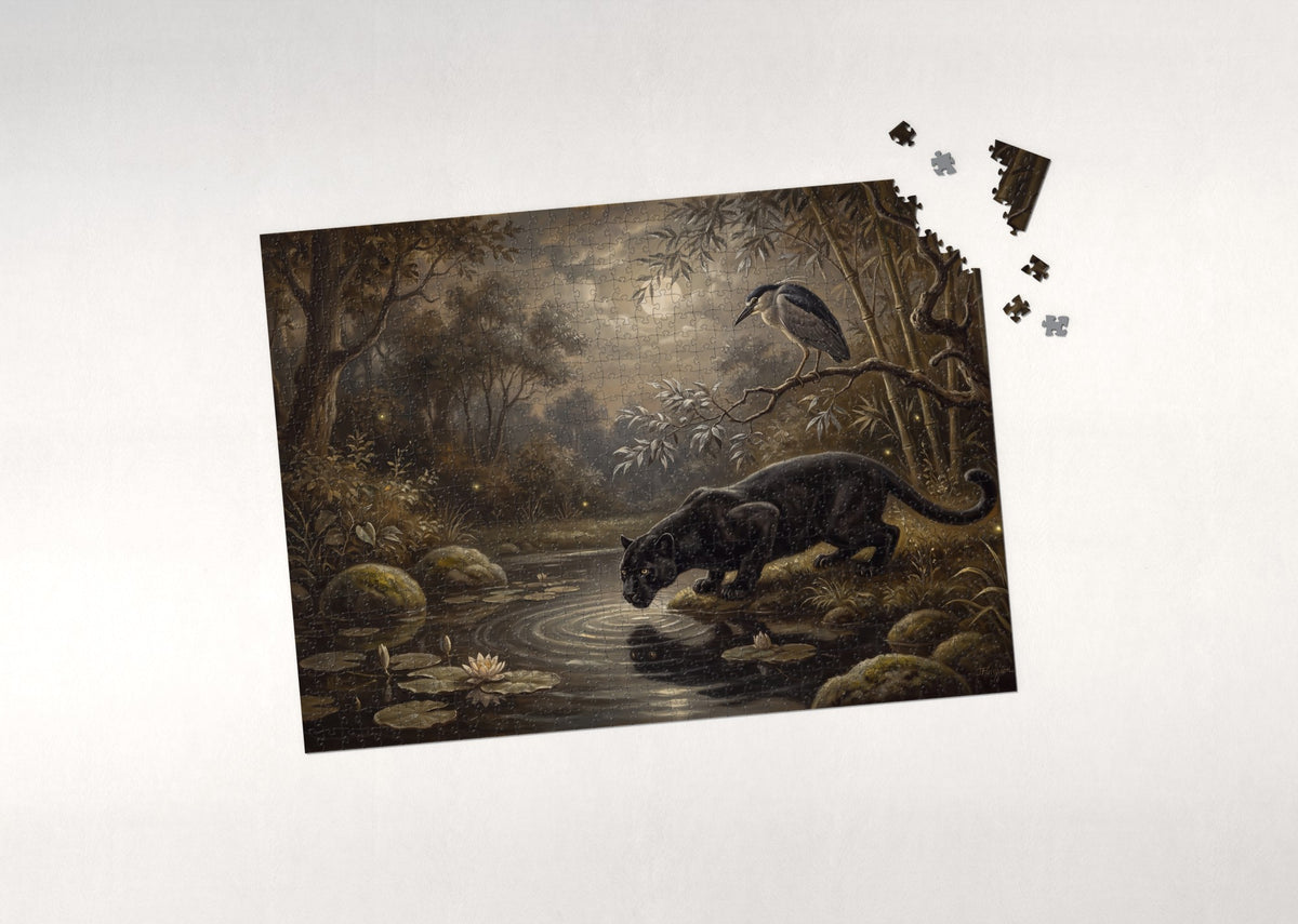 Black Panther at the Moonlit Pool jigsaw puzzle - puzzle with loose pieces
