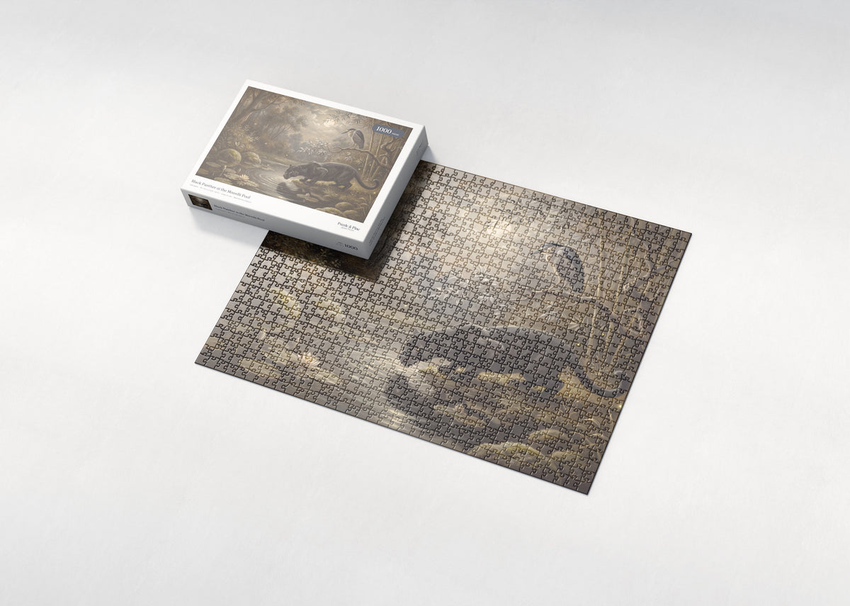 Black Panther at the Moonlit Pool jigsaw puzzle - box and puzzle