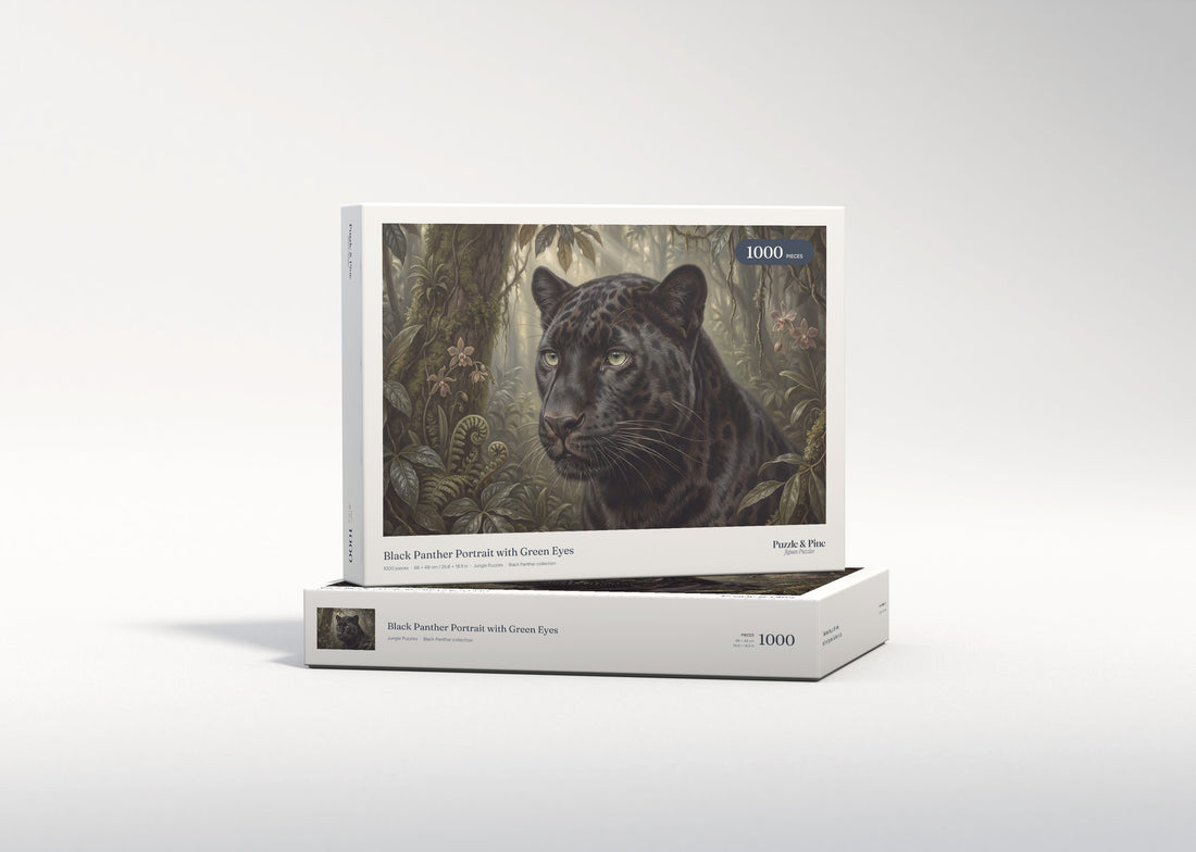 Black Panther Portrait with Green Eyes jigsaw puzzle - gift box