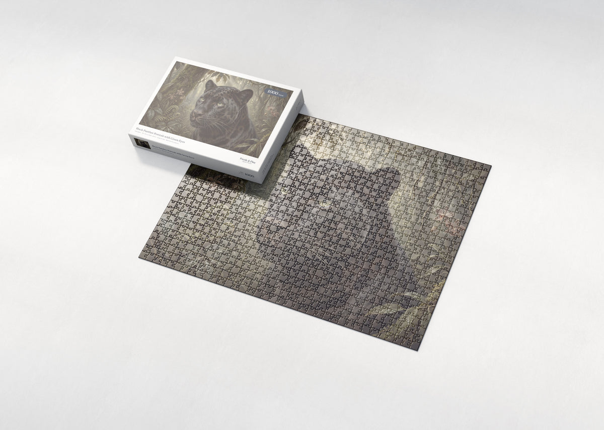 Black Panther Portrait with Green Eyes jigsaw puzzle - box and puzzle