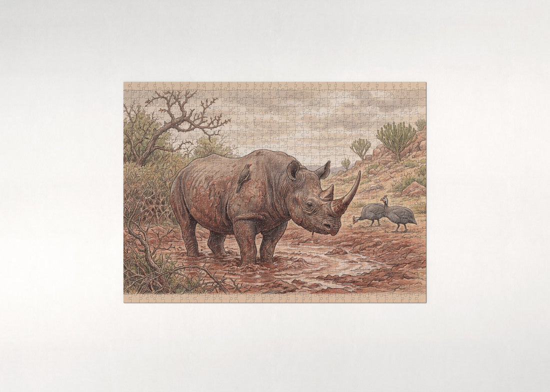 Black Rhino at the Mud Wallow jigsaw puzzle - gift box