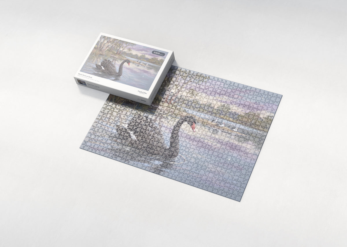 Black Swan at Dusk jigsaw puzzle - box and puzzle