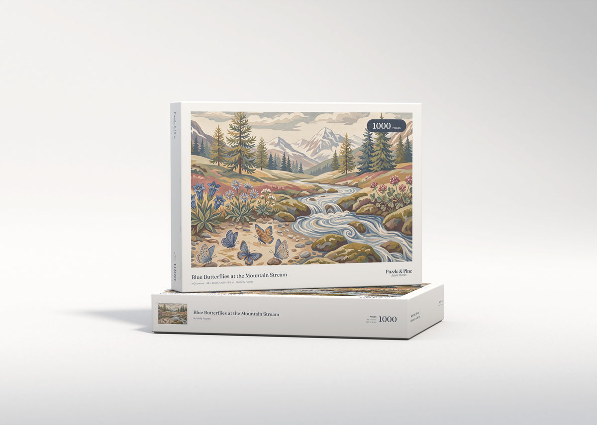 Blue Butterflies at the Mountain Stream jigsaw puzzle - gift box