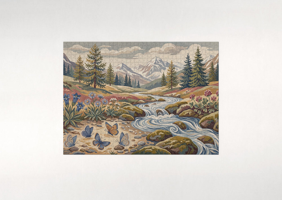 Blue Butterflies at the Mountain Stream jigsaw puzzle - flat puzzle