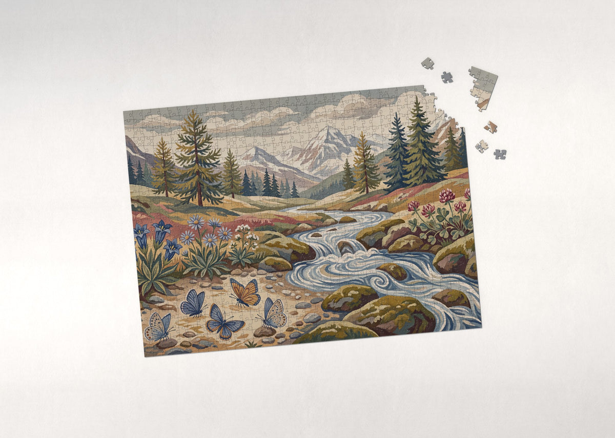 Blue Butterflies at the Mountain Stream jigsaw puzzle - puzzle with loose pieces