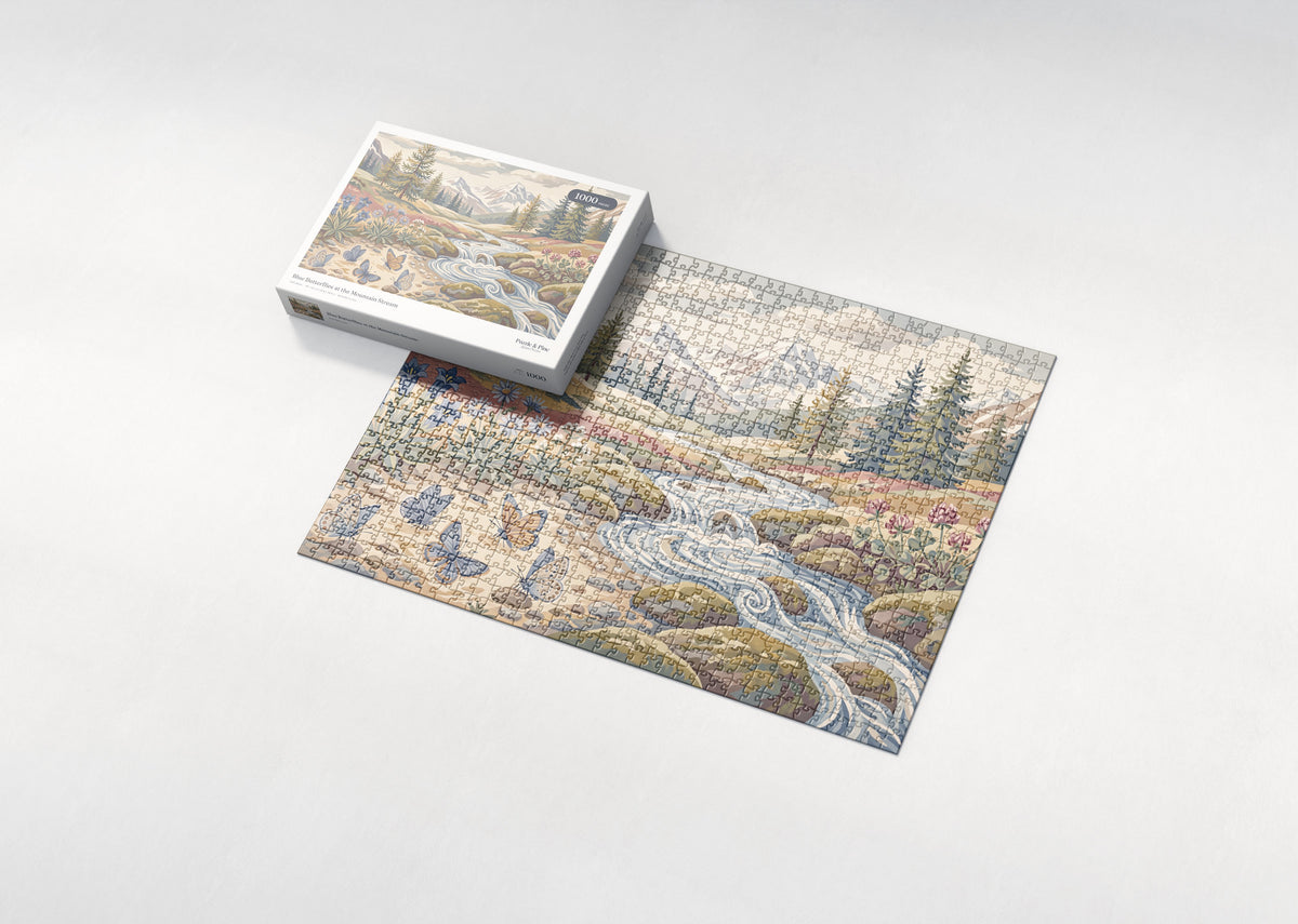Blue Butterflies at the Mountain Stream jigsaw puzzle - box and puzzle
