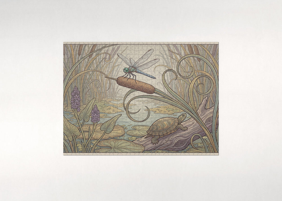 Blue Dragonfly on the Cattail jigsaw puzzle - gift box