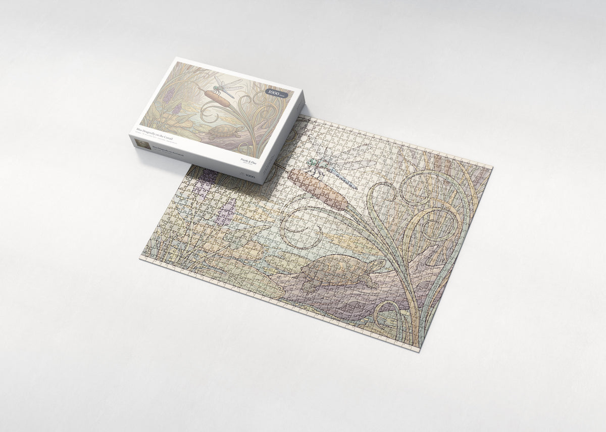 Blue Dragonfly on the Cattail jigsaw puzzle - box and puzzle