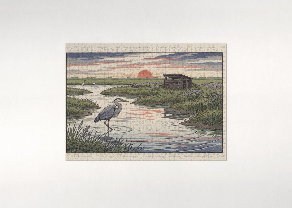 Blue Heron at the Sunrise Marsh jigsaw puzzle - flat puzzle