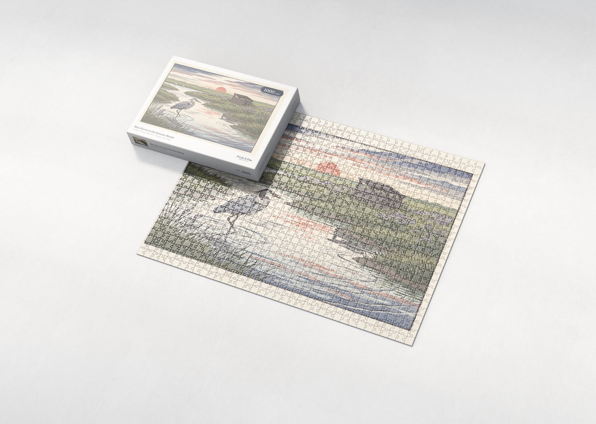 Blue Heron at the Sunrise Marsh jigsaw puzzle - box and puzzle