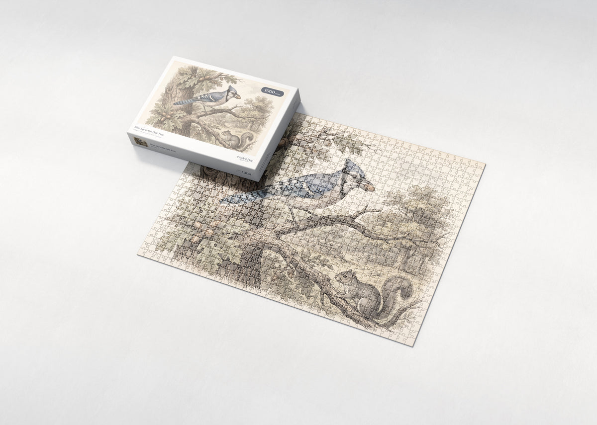Blue Jay in the Oak Tree jigsaw puzzle - box and puzzle