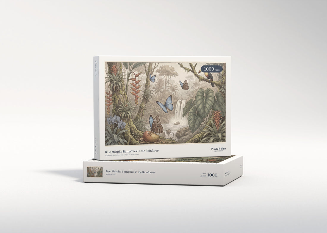 Blue Morpho Butterflies in the Rainforest jigsaw puzzle - gift box