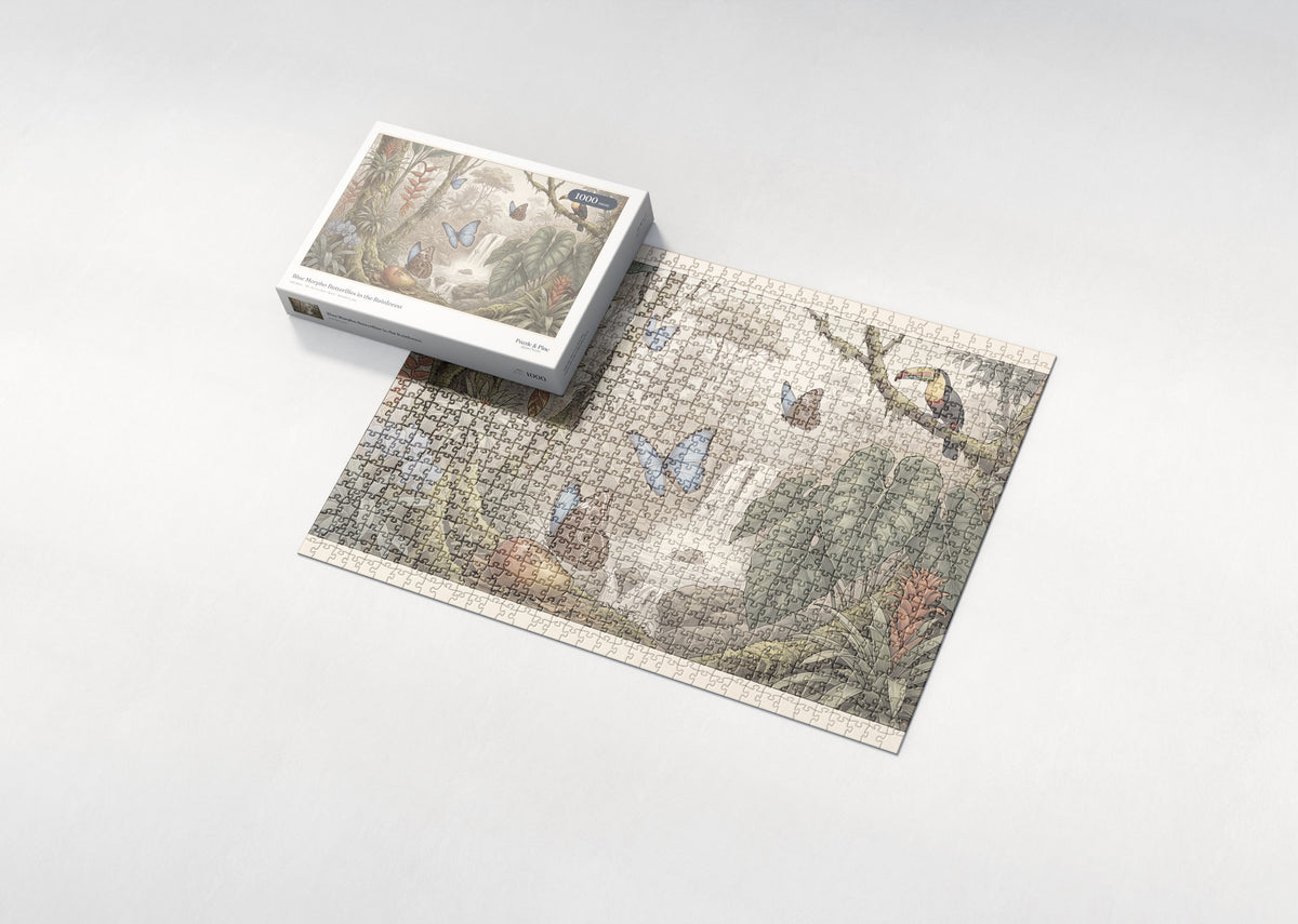 Blue Morpho Butterflies in the Rainforest jigsaw puzzle - box and puzzle