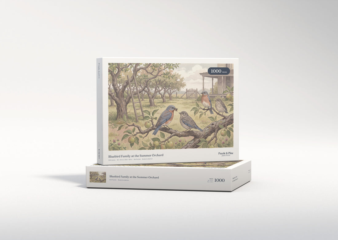 Bluebird Family at the Summer Orchard jigsaw puzzle - gift box
