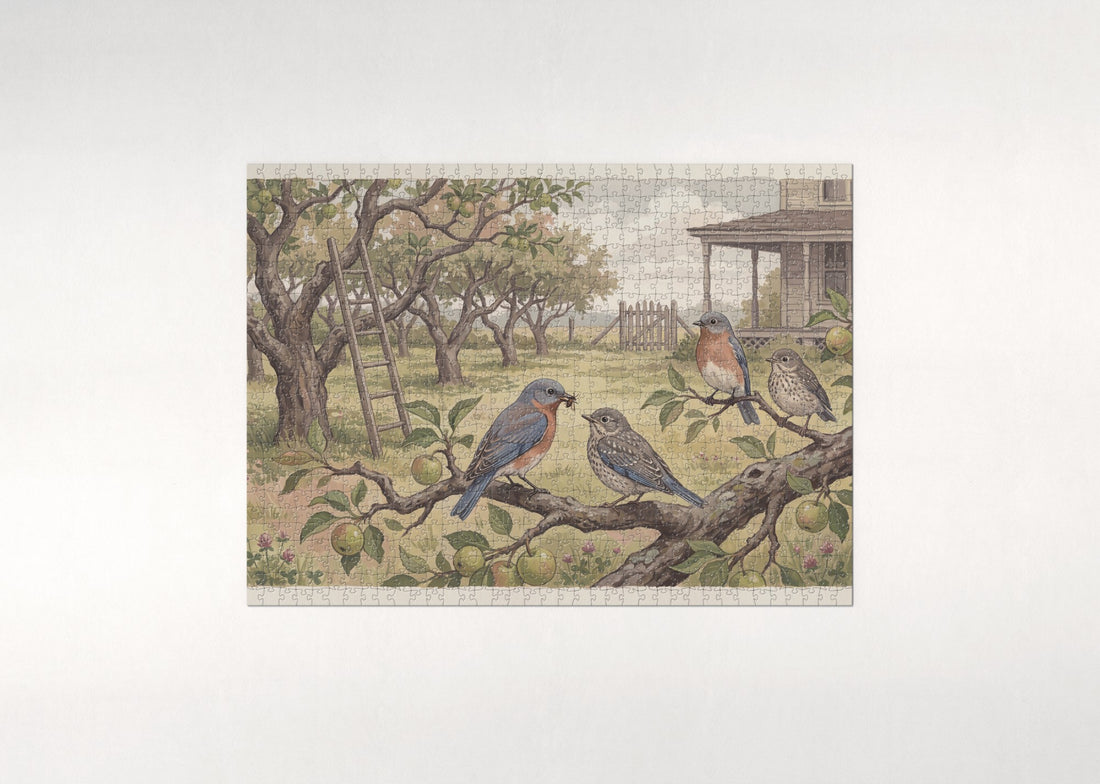 Bluebird Family at the Summer Orchard jigsaw puzzle - gift box