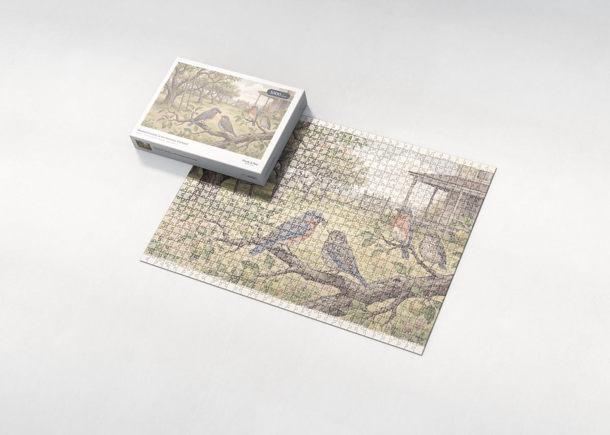 Bluebird Family at the Summer Orchard jigsaw puzzle - box and puzzle