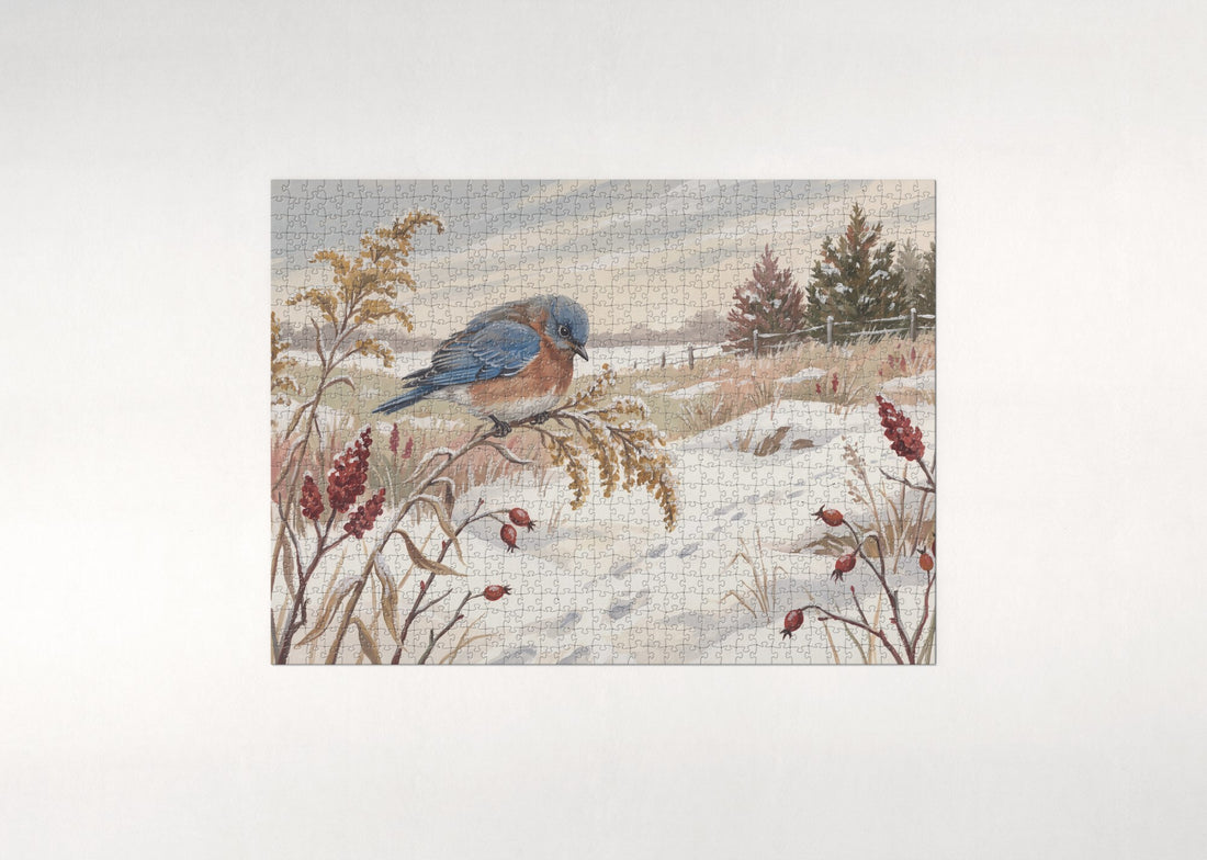 Bluebird in the Snowy Meadow jigsaw puzzle - gift box