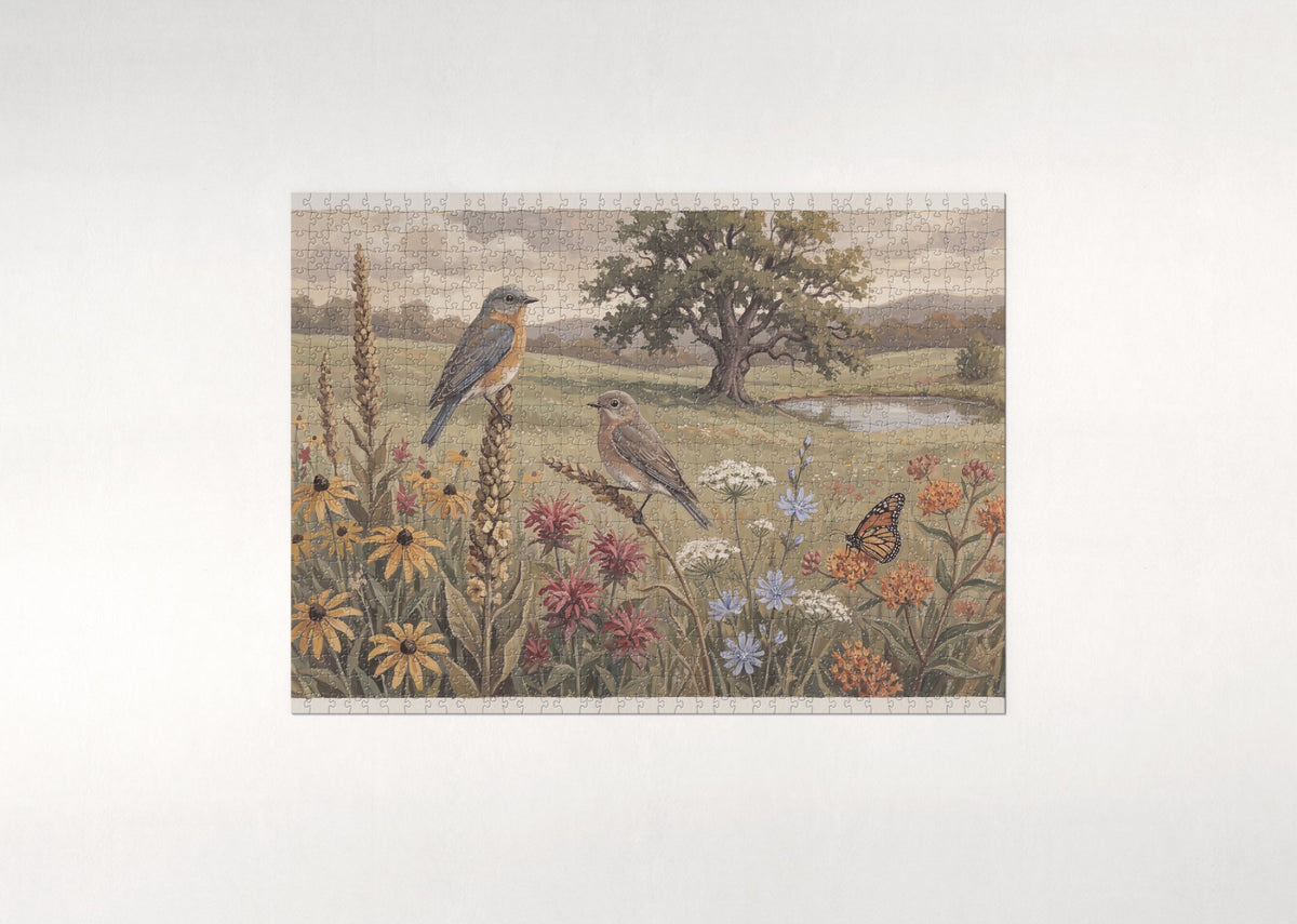 Bluebirds and Wildflowers jigsaw puzzle - flat puzzle