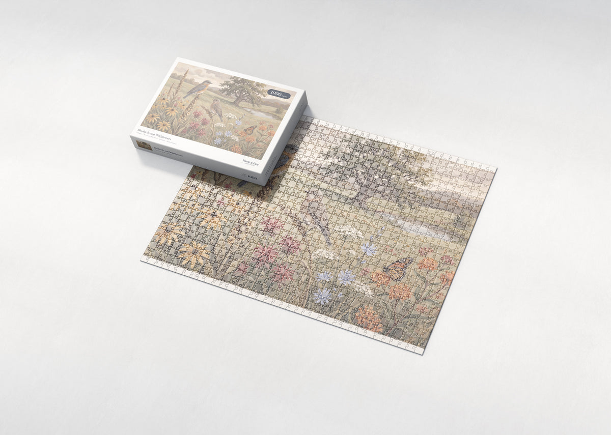 Bluebirds and Wildflowers jigsaw puzzle - box and puzzle