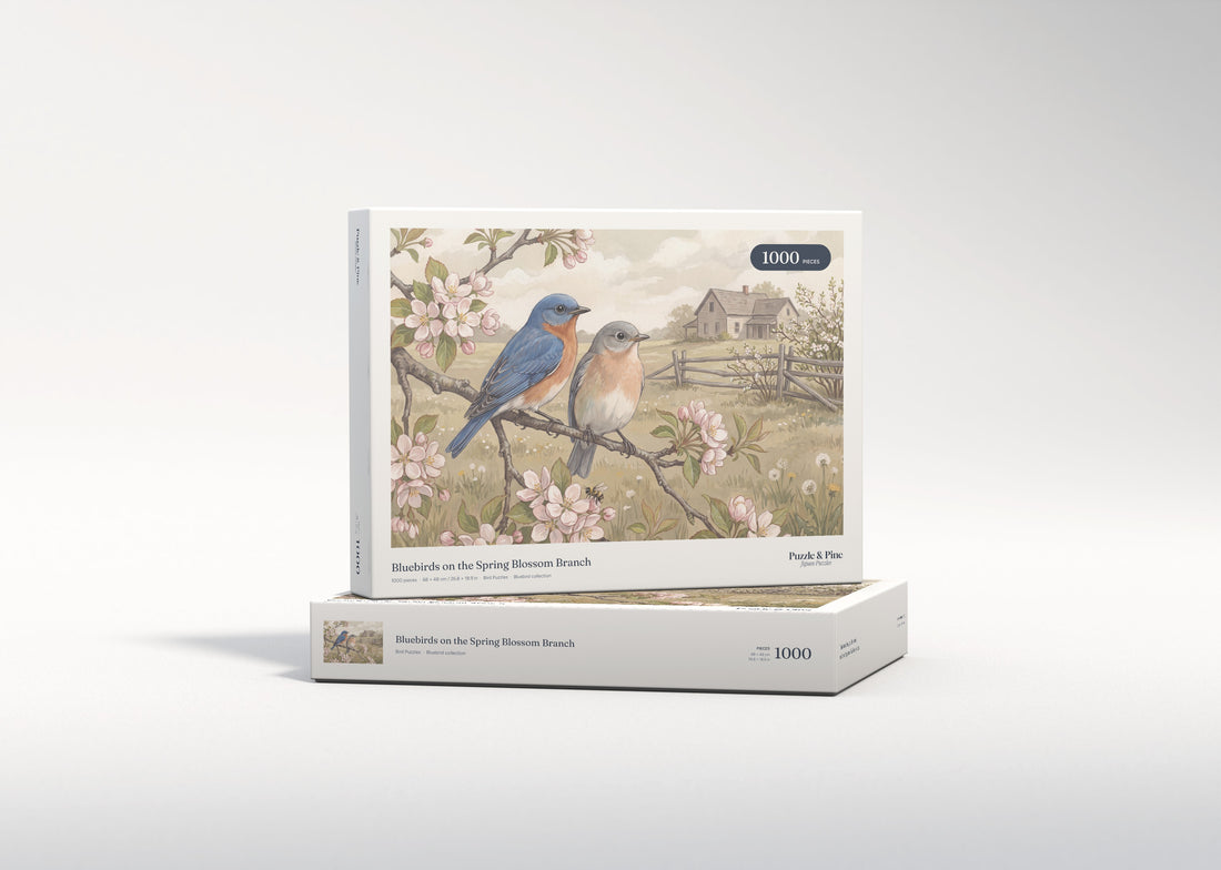 Bluebirds on the Spring Blossom Branch jigsaw puzzle - gift box