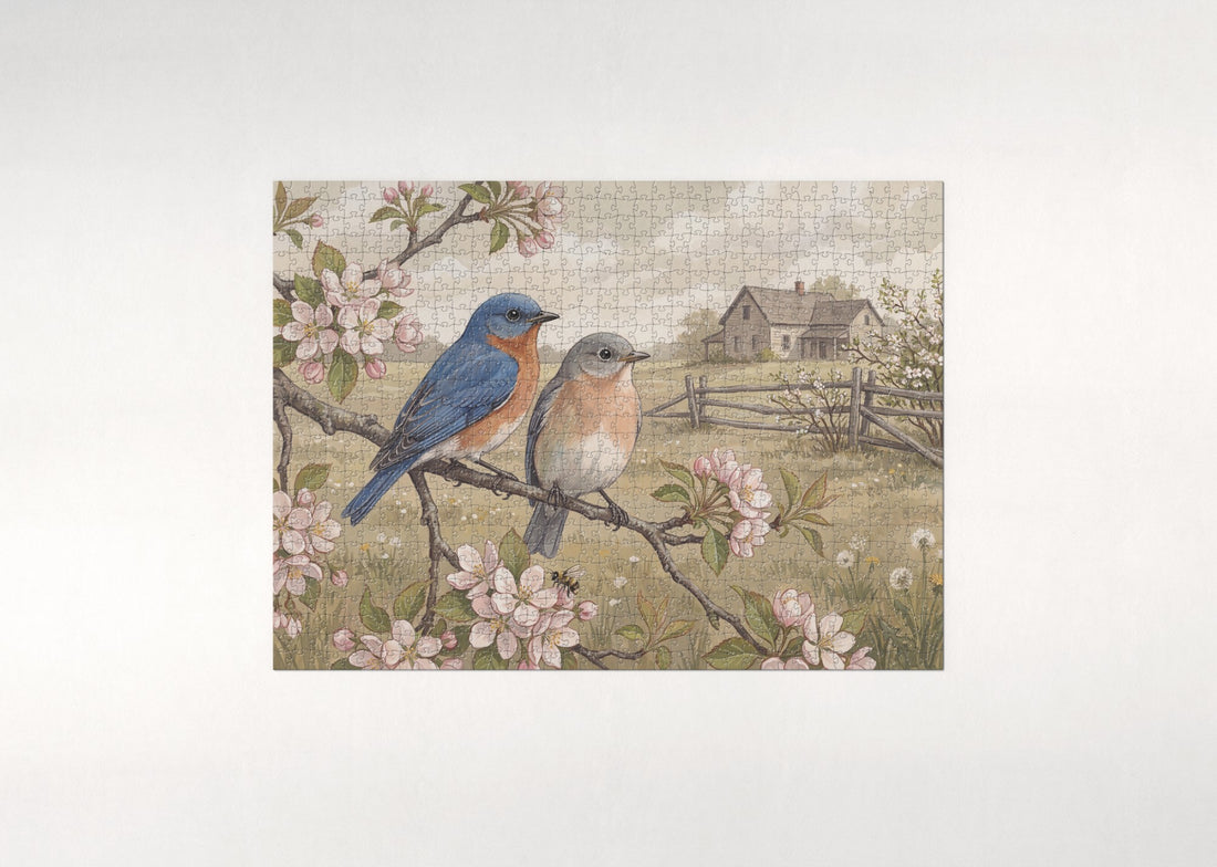Bluebirds on the Spring Blossom Branch jigsaw puzzle - gift box