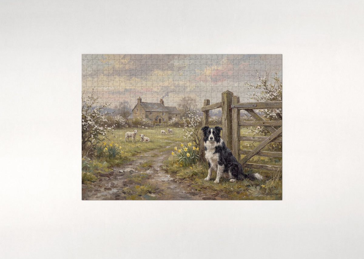 Border Collie at the Farm Gate Morning jigsaw puzzle - flat puzzle