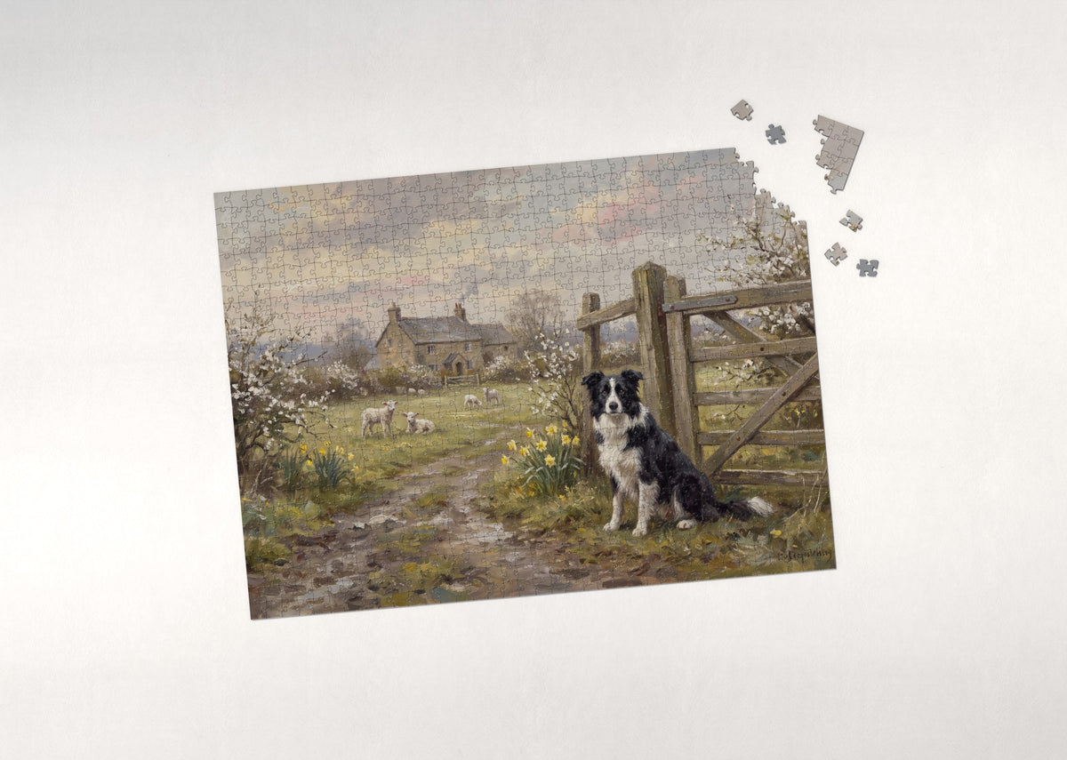 Border Collie at the Farm Gate Morning jigsaw puzzle - puzzle with loose pieces