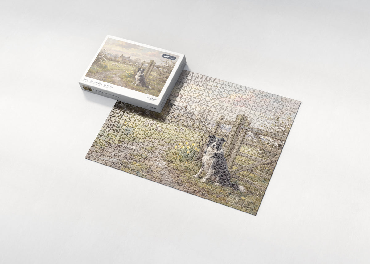 Border Collie at the Farm Gate Morning jigsaw puzzle - box and puzzle