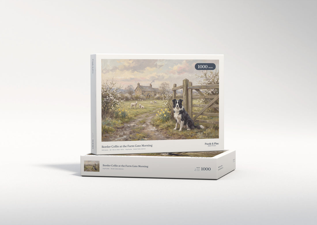 Border Collie at the Farm Gate Morning jigsaw puzzle - gift box