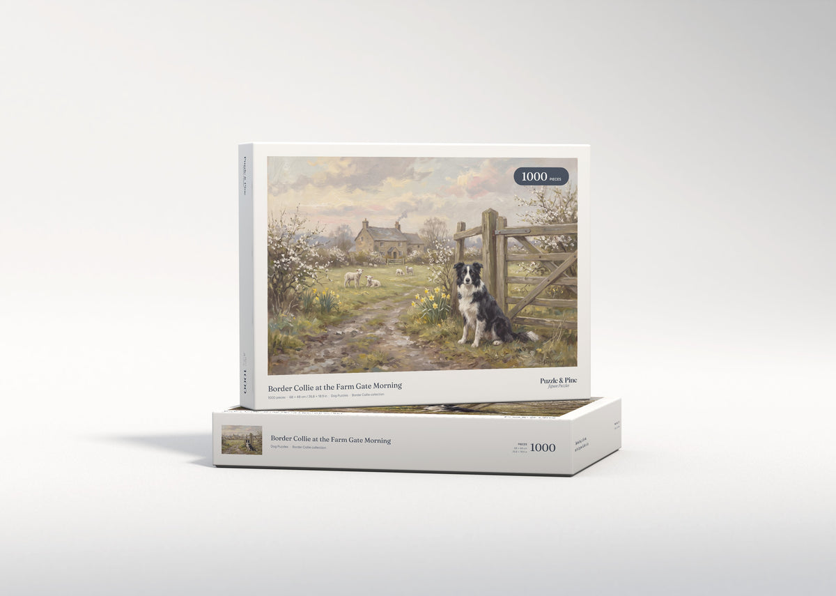 Border Collie at the Farm Gate Morning jigsaw puzzle - gift box